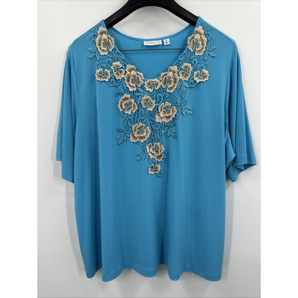 Susan Graver 3X Liquid Knit Top Blue Floral Short Sleeve V-Neck - Picture 2 of 9